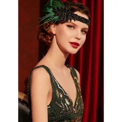 Coucoland 1920-tals fjäderhårband för kvinnor 20-tals stil Charleston hårband Maskeradtillbehör One Size Mörkgrön><noscript><img width=