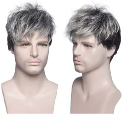 Creamily Men Grå Peruk Kort lager Grå Blandad Svart Naturlig Syntetisk Halloween Cosplay Kostym Peruker för män><noscript><img width=