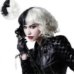 Cruella De Vil Cosplay Kort Svartvit Hel Peruk För Halloween Kvinnor Vågig Bob Peruk Med Lugg Maskerad Kostym Rekvisita> Peruker