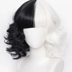 Cruella De Vil Cosplay Peruk Halv Svart och Vit för Kvinnor Cosplay Tillbehör, Kort Vågig Bob Halloween Party Peruker med Lugg> Peruker