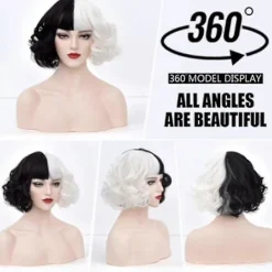 Cruella de Vil Kostymperuk - Kort Svart & Vit Vågig Bob med Lugg[JUN]><noscript><img width=