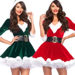 Holocky Dam 3-delad Mrs Claus Santa Juldräkt med Klänning med huva, Bälte, Underkjol L> Dräkter