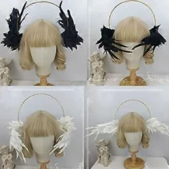 Dam Mary Halos Kronor Pannband Ängelvinge Tiara Håraccessoarer Gudinna Huvudstycke Huvudbonad för Cosplay Vit Vit><noscript><img width=