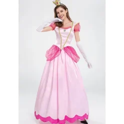 Dam Super Mario Peach Cosplay Kostym Rosa Prinsessklänning + Handskar + Huvudbonad Outfits Set Karnevalsfest S><noscript><img width=