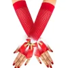 Damjultomtehandskar i Sexy Santa-Stil, Fingerlösa, Fiskgarn, med Klockor och Rosetter, Röda Lingerie-Kostymtillbehör till Jul> Tillbehör