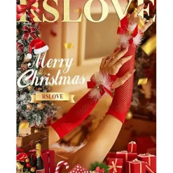 Damjultomtehandskar i Sexy Santa-Stil, Fingerlösa, Fiskgarn, med Klockor och Rosetter, Röda Lingerie-Kostymtillbehör till Jul> Tillbehör