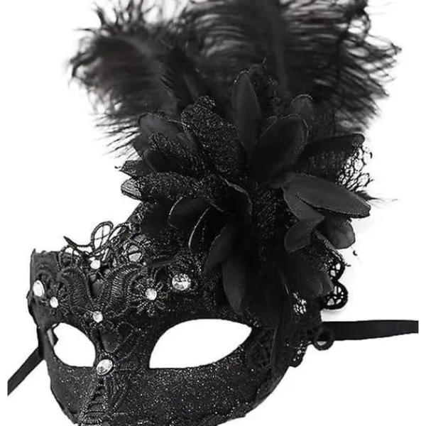 Dammask med fjädrar för maskerad, venetiansk Halloween, Mardi Gras, kostymfest, bal, maskerad> Masker