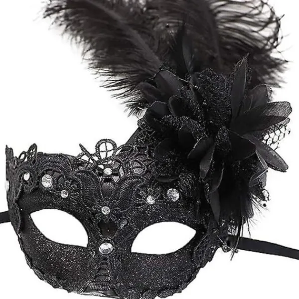 Dammask med fjädrar för maskerad, venetiansk Halloween, Mardi Gras, kostymfest, bal, maskerad> Masker