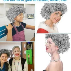 7-delad Gammal Dam Cosplay-set Gammal Dam Peruk Mormorsdräkt Set Grå Lockig Mormorsperuk Perukmössa Glasögon Ögonbrynkedjor Pärlhalsband Armband><noscript><img width=