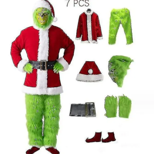 7-delad Grinch-kostym för julcosplay, vuxen Santa Claus-kostymset + mask A-WELLNGS Mask endast XL> Dräkter