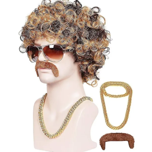 3-delad kedja, mustasch och kort lockig peruk för 70-talsdiscofest, brun med blond(3 delar set)> Tillbehör