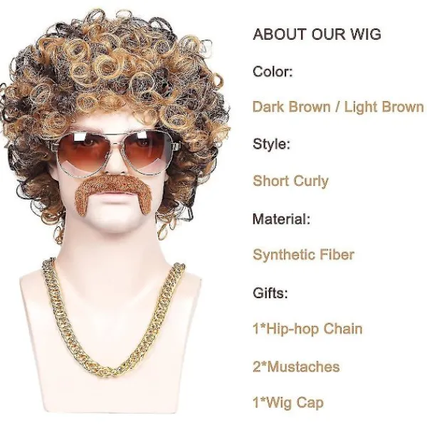 3-delad kedja, mustasch och kort lockig peruk för 70-talsdiscofest, brun med blond(3 delar set)> Tillbehör