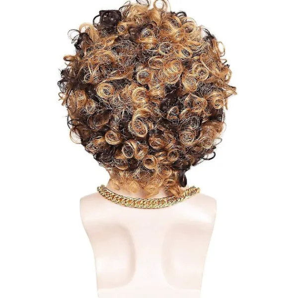 3-delad kedja, mustasch och kort lockig peruk för 70-talsdiscofest, brun med blond(3 delar set)> Tillbehör