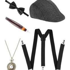 5-delad 1920-tals Gatsby Gangster-set för män 30-tals Manhattan Gangster Basker Y-formade hängslen> Tillbehör