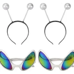 4-delars Halloween utomjording kostym tillbehör set, 2 par utomjording glasögon, 2 par utomjording solglasögon, 2 par silver Mars antenn hörlurar> Tillbehör