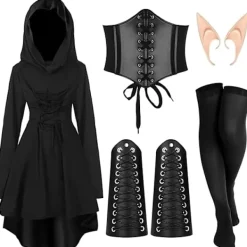 5-delars kostymset för kvinnor, medeltida huvförsedd mantel, älvörontillbehör för Halloween-rollspel (svart, storlek L)> Dräkter