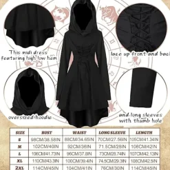 5-delars kostymset för kvinnor, medeltida huvförsedd mantel, älvörontillbehör för Halloween-rollspel (svart, storlek L)> Dräkter