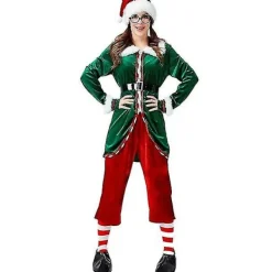 Deluxe 6pcs Damjulskostym Cosplay Jultomte Uniform Kostym för Vuxna Grön Tomtenisse Julhelg Fest Fancy DressM> Dräkter