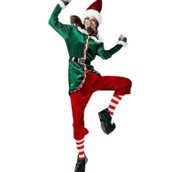 Deluxe 6pcs Damjulskostym Cosplay Jultomte Uniform Kostym för Vuxna Grön Tomtenisse Julhelg Fest Fancy DressM><noscript><img width=