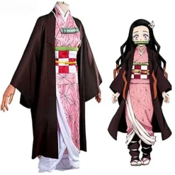 2023-Demon Slayer Bror och Syster Kamado Nezuko Cosplay Kostym Outfit Kimono Anime Kostym Peruk-1 Nezuko Kostym 140cm (Barnstorlek)> Peruker