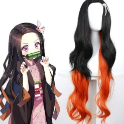 Demon Slayer Kamado Nezuko Cosplay Peruk Anime Lång Vågigt Orange Och Svart Syntetiskt Hår Peruker Halloween Fest Kostym Rekvisita> Peruker