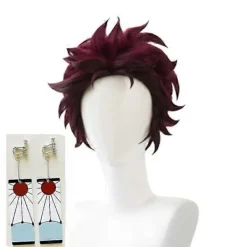Demon Slayer: Kimetsu No Yaiba Tanjiro Kamado Cosplay Peruk Kort Kastanjebrun Värmebeständig Hår Cosplay Peruker + Örhängen Wig and Earrings | Fyndiq> Peruker