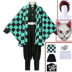 Demon Slayer Kimetsu No Yaiba Tanjirou Kamado Cosplay Kostym Kimono Jul Anime Uniform Set för vuxna och barn - Perfekt 7-delars set M> Dräkter