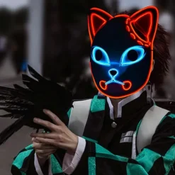 Demon Slayer Mask Japansk Anime Mask, Led Halloween Mask Demon Fox Mask för Demon Slayer Cosplay><noscript><img width=