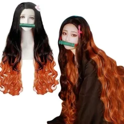 Demon Slayer Orange och svart Cosplay Party Syntetisk Peruk Anime Långa vågiga peruker Presenter><noscript><img width=