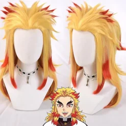 Demon Slayer Rengoku Kyoujurou Cosplayfestdräkt för Halloweenfest Anime Set Presenter Endast One Size - Wig><noscript><img width=
