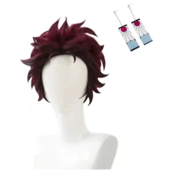 Demon Slayer Tanjiro Kamado Kort Kastanjebrun Värmebeständig Hår Cosplay Kostym Peruk + Ett Par Örhängen(YJD) One Size> Peruker
