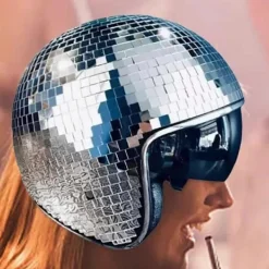 Disco Ball Hjälm Glitter Speglar Glas Punk Kostym Hatt med Infällbart Visir Disco Ball Hatt för B><noscript><img width=