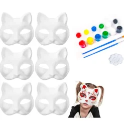 DIY tomma kattmasker, 6-pack omålade rena vita graffiti ansiktsmasker katt vit pappersmask med målarpenslar för dekorationshantverk> Masker