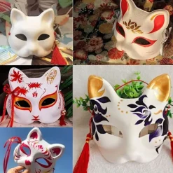 DIY tomma kattmasker, 6-pack omålade rena vita graffiti ansiktsmasker katt vit pappersmask med målarpenslar för dekorationshantverk> Masker