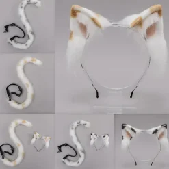 Djursvans med kattöron, hårbåge, plyschhuvudbonad, cosplay, festtillbehör (F)><noscript><img width=