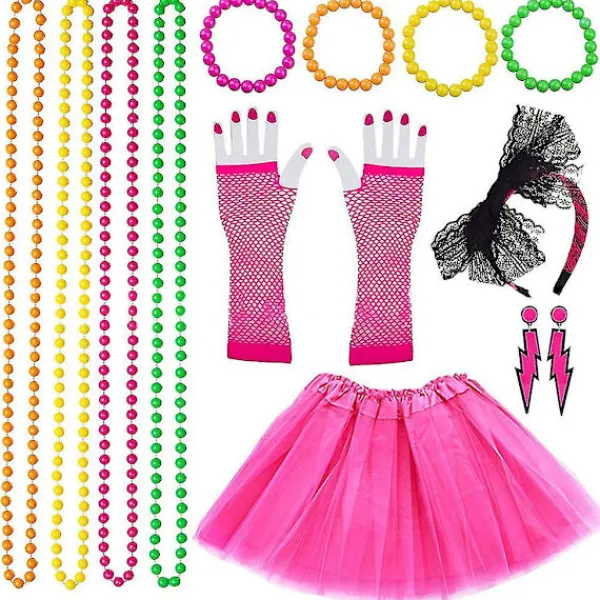 /EA/Dam 80-tals Festkläder Tillbehör Retro Party Kostym Set Vuxen Tutu Kjolar Neon Fisknätshandskar Pärlhalsband Armband Örhängen (Roseröd)> Tillbehör