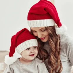 /EA/Familjematchande Julmössa Vintervärmare Mamma och Baby Stickad> Huvudbonader