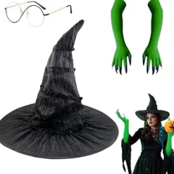 Elphaba Häxdräktstillbehör med häxhatt, trollkarlsglasögon och gröna klothandskar, Halloween karnevalsfest rollspelsdräkt för vuxna kvinnor> Tillbehör