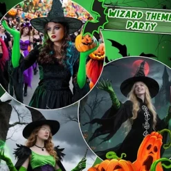 Elphaba Häxdräktstillbehör med häxhatt, trollkarlsglasögon och gröna klothandskar, Halloween karnevalsfest rollspelsdräkt för vuxna kvinnor><noscript><img width=