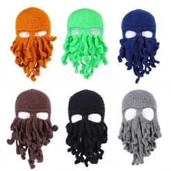 En rosa bläckfiskhatt, rolig riddarhjälmsmössa med skägghatt, handgjord stickad vintertjock mössa, bläckfiskhatt, Halloween Cosplay skidmask><noscript><img width=