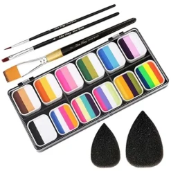Face Paint Kit 1-Stroke 12 Split Cake Palette, Vattenaktiverad Kroppsmålningssats med 3 Penslar 2 Svampar> Smink