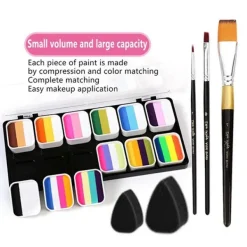 Face Paint Kit 1-Stroke 12 Split Cake Palette, Vattenaktiverad Kroppsmålningssats med 3 Penslar 2 Svampar><noscript><img width=