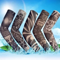 Falska tillfälliga tatueringsärmar Vuxna Kvinnor Män Slip on Elastiska Armstrumpor Unisex Party Halloween Tatuering Biker Sun Block 1 Par-GKK006> Smink
