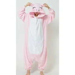 Fancy Cosplay Kostym Onesie Pyjamas Vuxen Nattkläder Pink Pig L><noscript><img width=