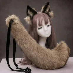 Faux päls varg öron pannband och lurvig anmimal lång svans set Halloween fest anime lolita maskerad cosplay kostym（svart vit）> Huvudbonader