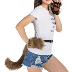 Faux pälsräv svans katt varg cosplay kostym set plysch mask fluffiga tass handskar Halloween jul（räv）><noscript><img width=