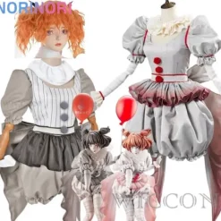 KOOLYOU Film Clown Pennywise Cosplay Kostym Genderswap Halloween Skräck Lolita Klänning Upp Kvinnor Fantasy Klänning Karneval Fest Komplett Set WIG ONLY> Peruker
