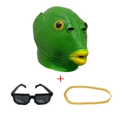 Fiskhuvudbonad, Grön fiskmanhuvudbonad [Solglasögon + Guld Halsband], Husdjurshuvudbonad Kostymtillbehör för Halloween, Jul, Karneval, Maskerad.> Tillbehör