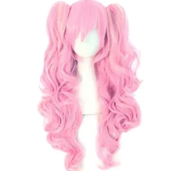 Flerfärgad Lolita Lång Lockig Clip-on Hästsvans Cosplay Peruk (rosa/blond)> Peruker
