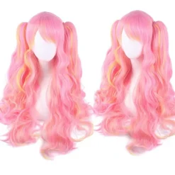 Flerfärgad Lolita lång lockig clip på syntetisk hästsvans cosplay peruk (rosa/blond)><noscript><img width=